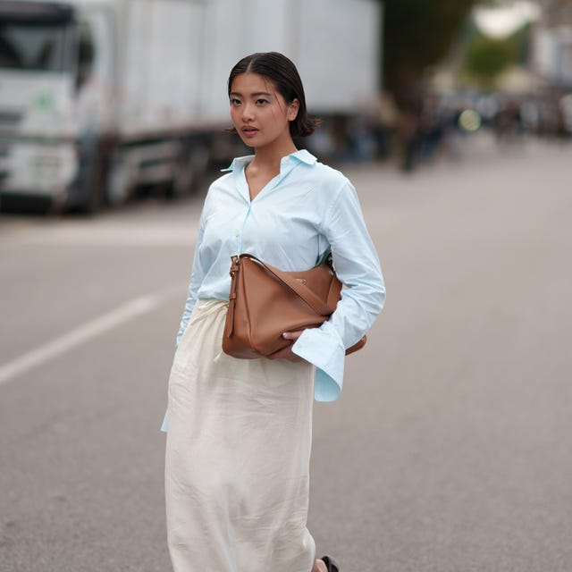 Light Blue Shirt and Cream Midi Skirt for Office, Close-Up Take — Trendy Office Outfits