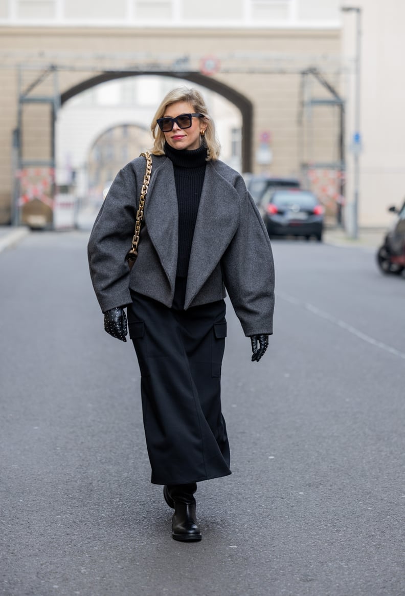 Oversized Grey Jacket Over Black Turtleneck and Midi Skirt — Trendy Office Outfits