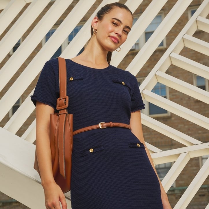 Navy Textured Knit Dress with Belt for Office — Trendy Office Outfits