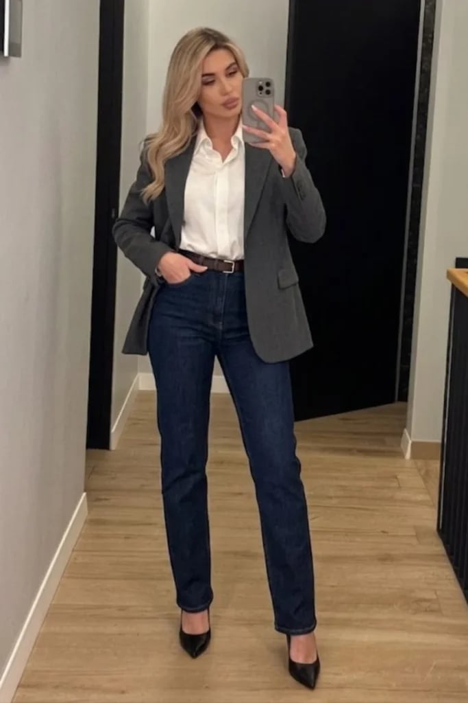 Grey Blazer and Jeans for a Trendy Office Look — Trendy Office Outfits