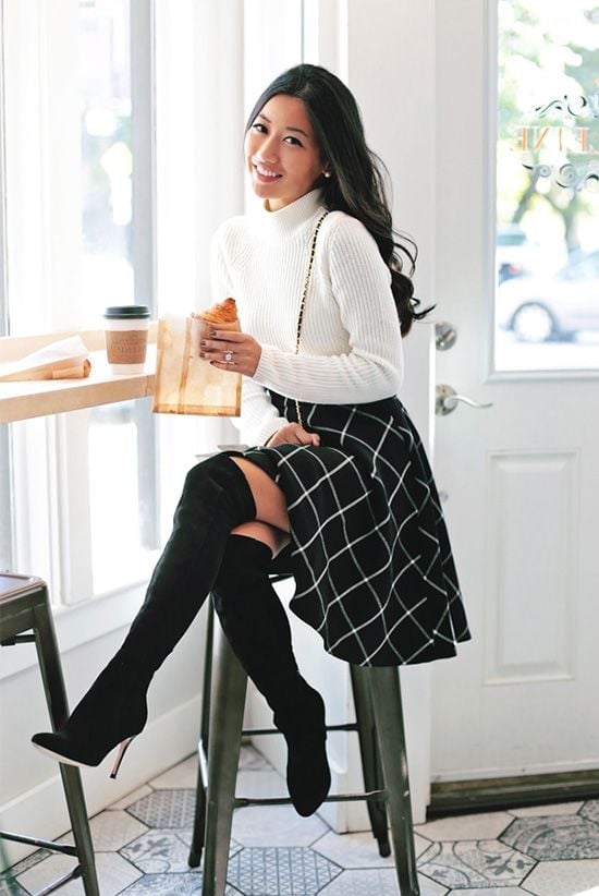 Plaid Flared Skirt and Turtleneck for Office Style — Trendy Office Outfits