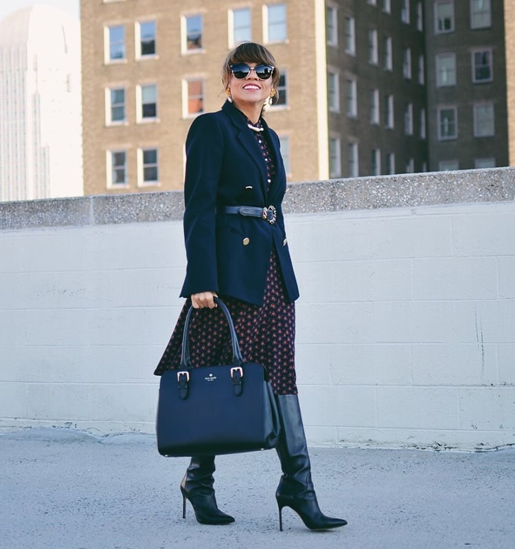 Navy Blazer Over Patterned Midi Dress for Office — Trendy Office Outfits