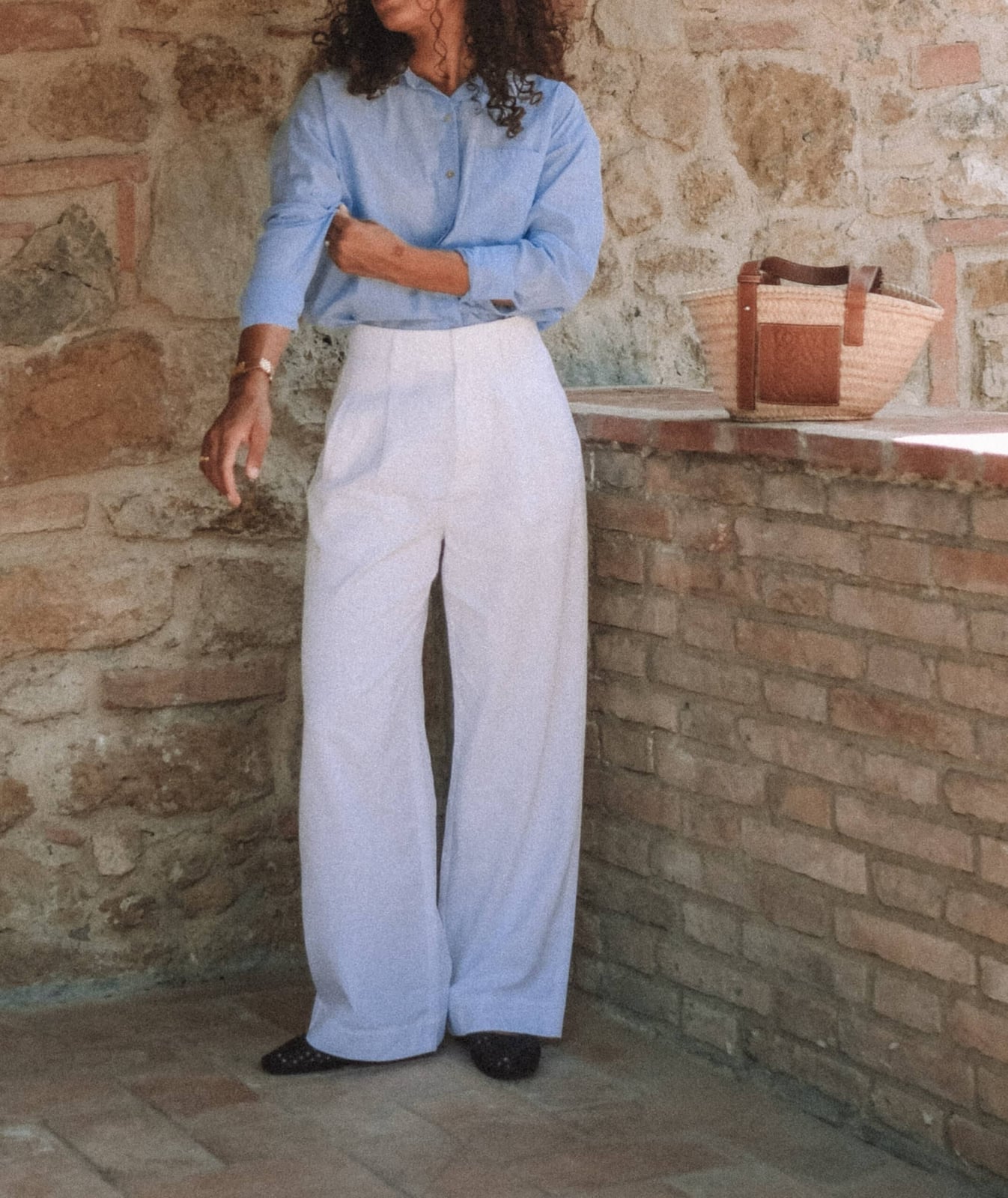 Light Blue Shirt and White Wide-Leg Trousers for Polished Office — Trendy Office Outfits