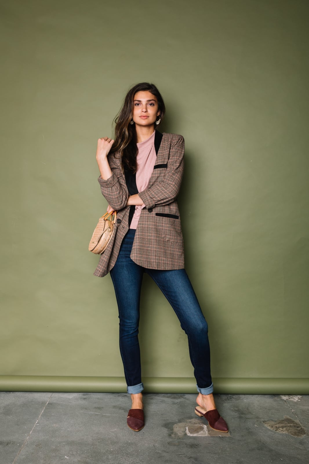 Brown Plaid Blazer and Burgundy Mules for Office — Trendy Office Outfits