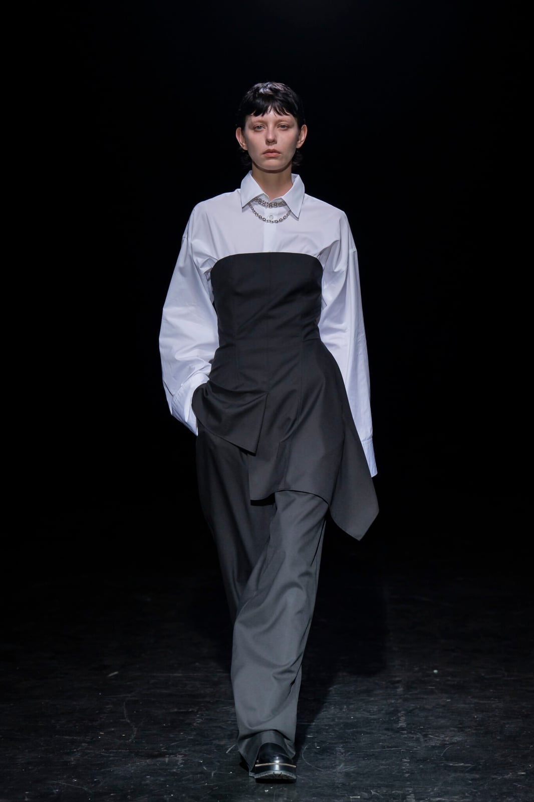 Corset Overlay on White Shirt and Grey Trousers — Trendy Office Siren Outfits