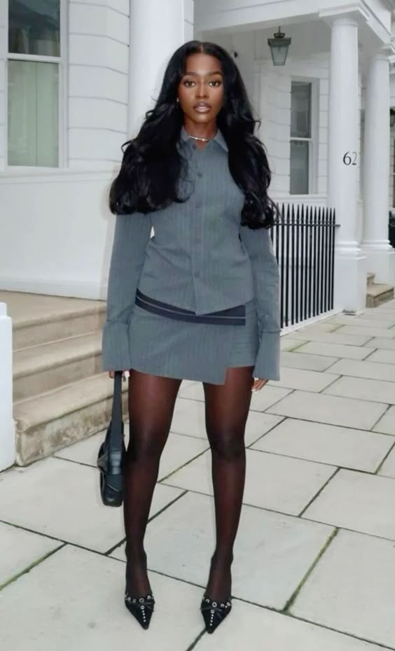 Asymmetrical Mini Skirt with Button-Down Shirt — Trendy Office Siren Outfits