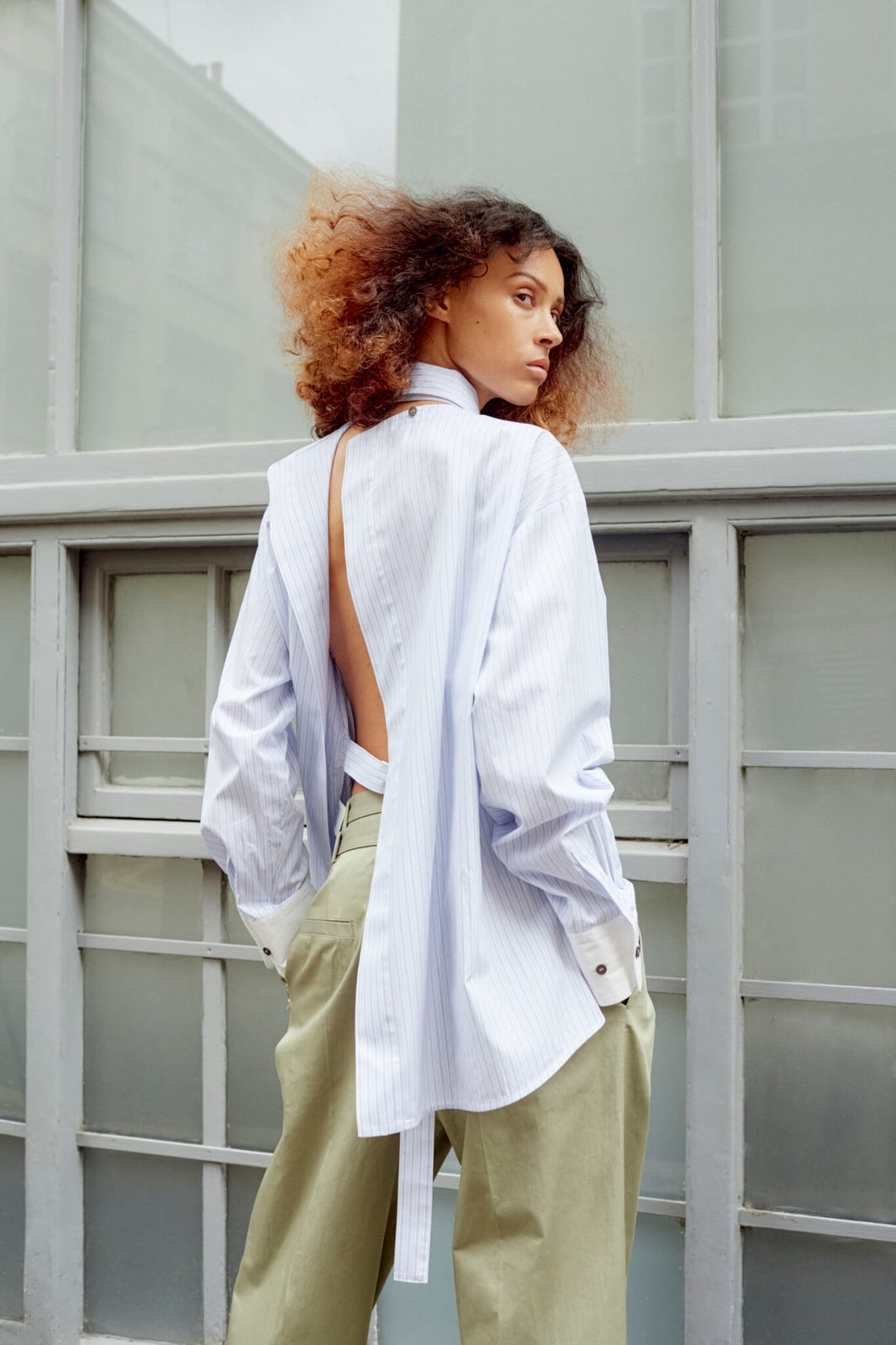 Oversized White Pinstripe Shirt with Green Trousers — Trendy Office Siren Outfits
