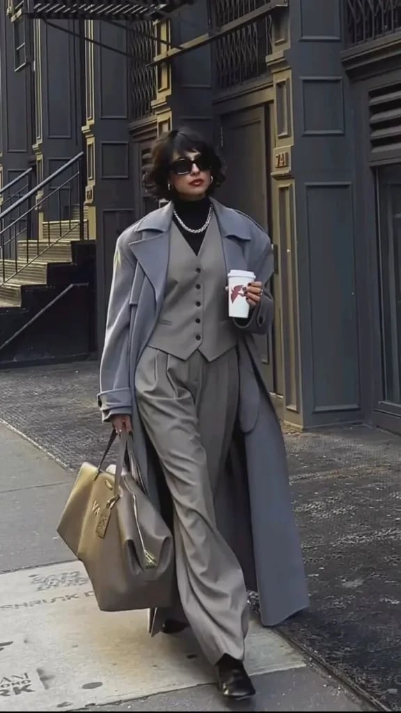 Grey Tailored Trousers with Oversized Trench Coat — Trendy Office Siren Outfits