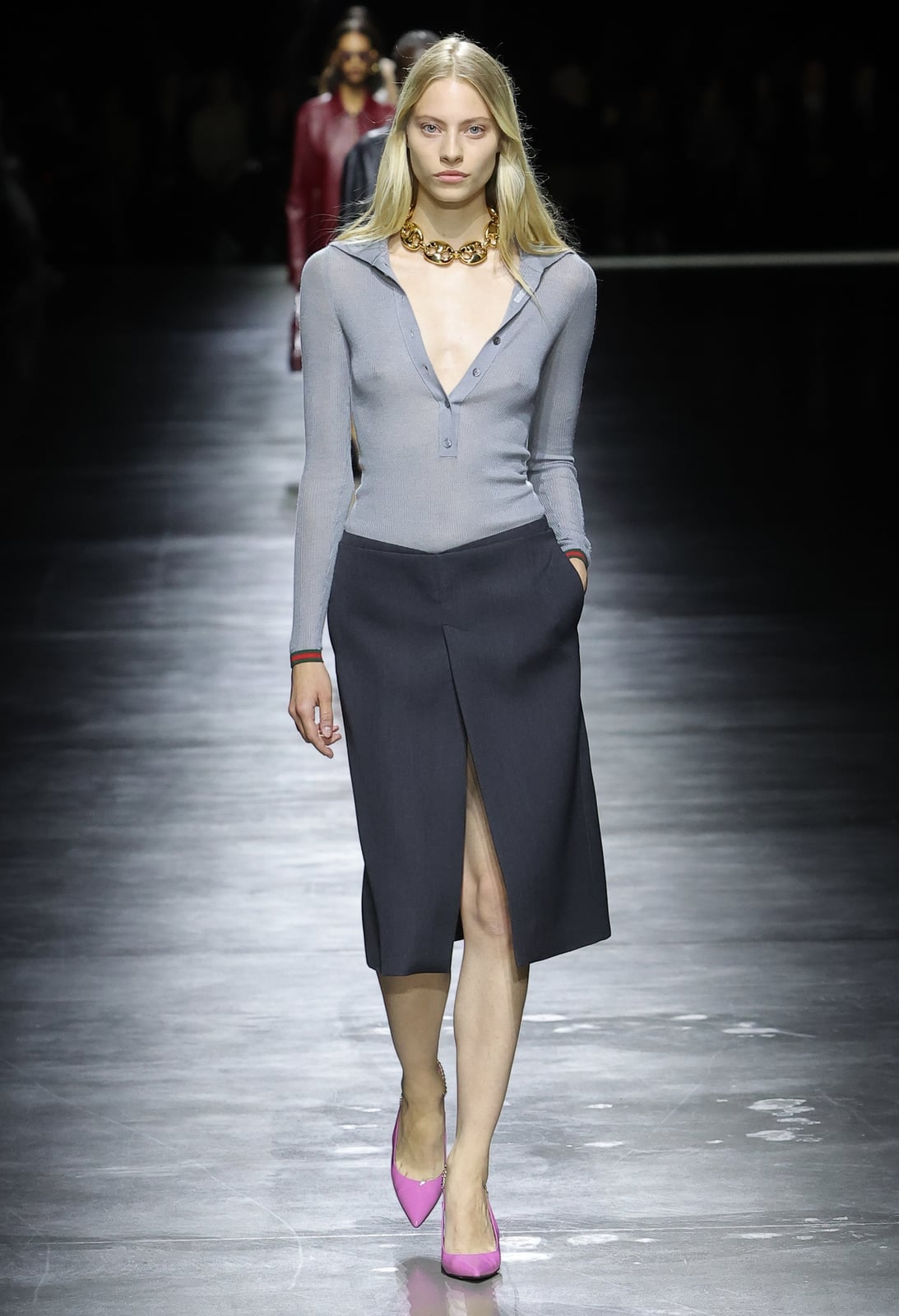 Sheer Grey Top with Grey Midi Skirt — Trendy Office Siren Outfits