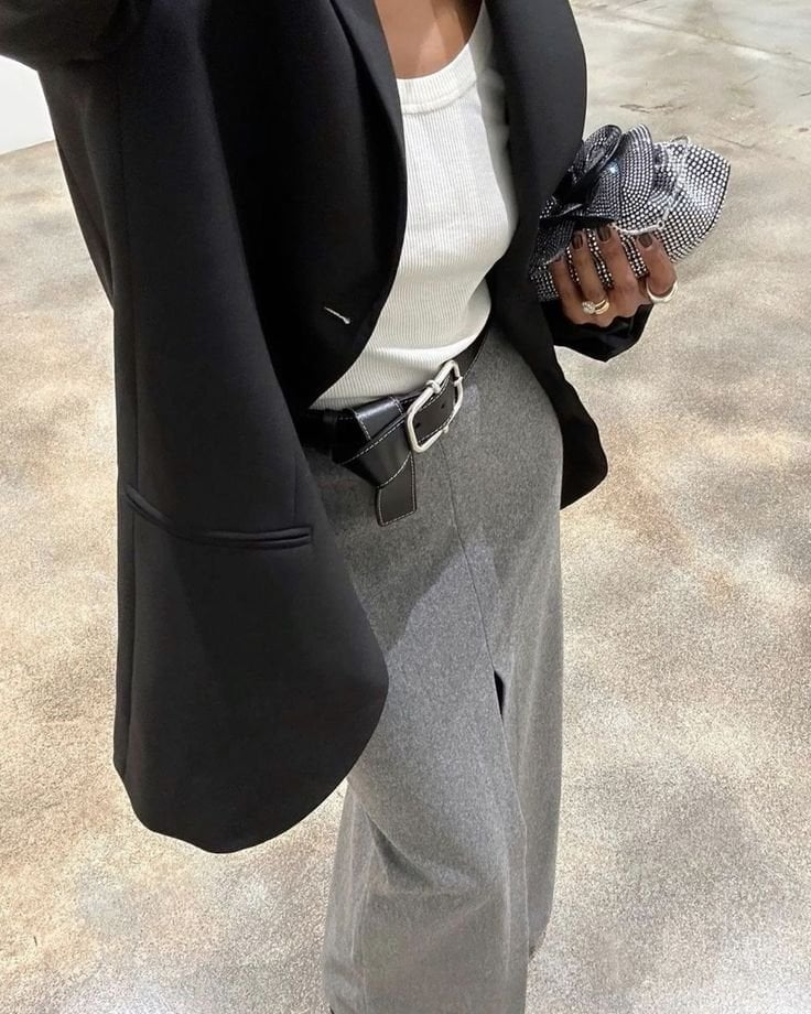 Black Blazer with Grey Midi Skirt — Trendy Office Siren Outfits