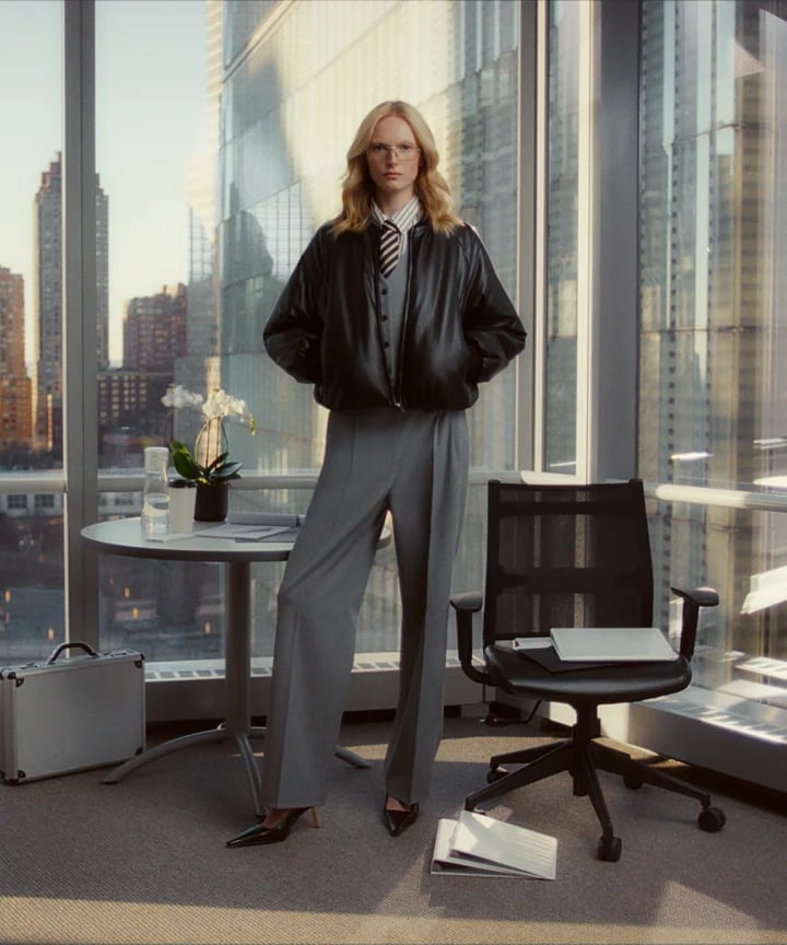 Bomber Jacket Over Grey Waistcoat and Trousers — Trendy Office Siren Outfits