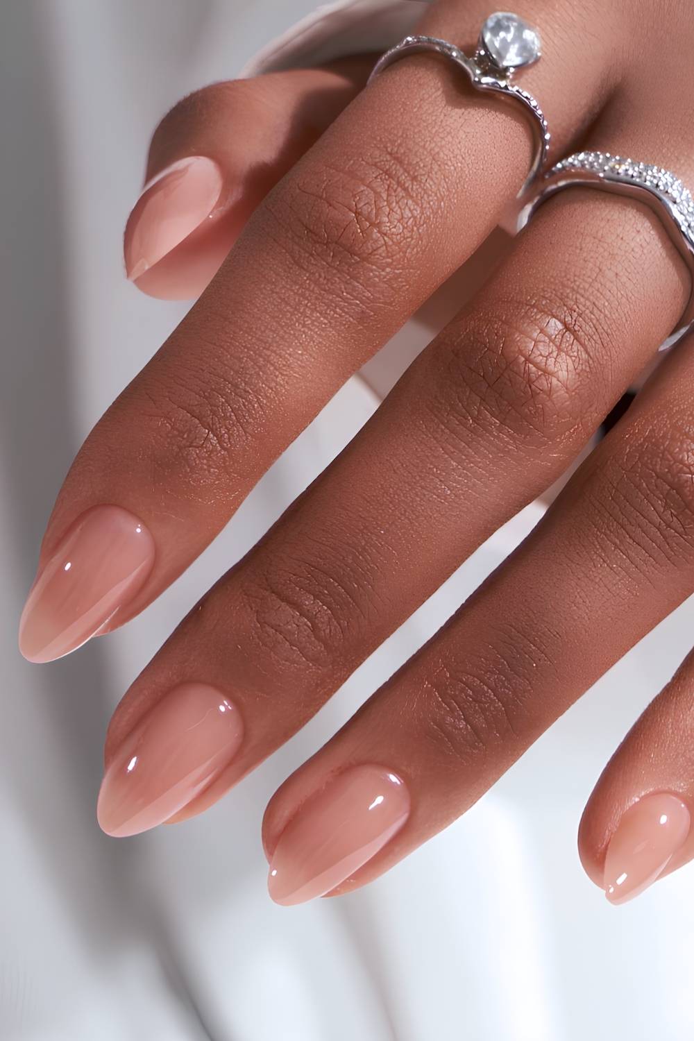 Medium Almond Sheer Nude Pink Glossy, Close-Up Take Medium Almond Sheer Nude Pink Glossy, Close-Up Take — Trendy Old Money Nails