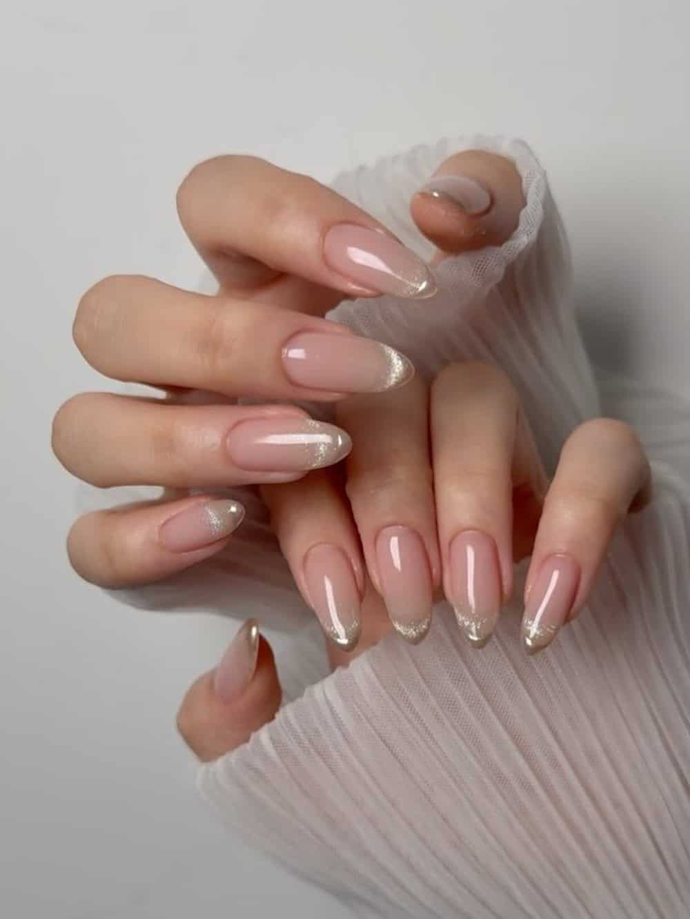 Medium Almond Sheer Pink Shimmer Tips Medium Almond Sheer Pink Shimmer Tips — Trendy Old Money Nails