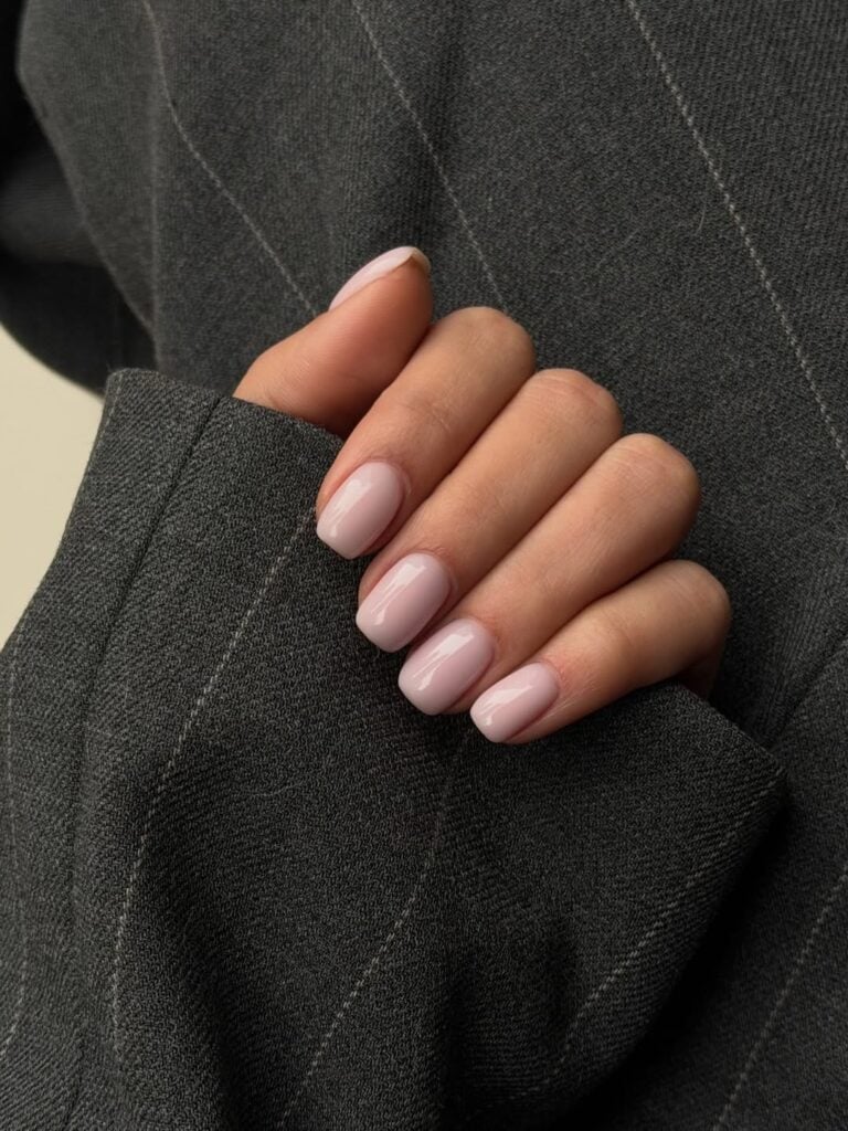 Short Square Sheer Pale Pink Glossy, Close-Up Take Short Square Sheer Pale Pink Glossy, Close-Up Take — Trendy Old Money Nails