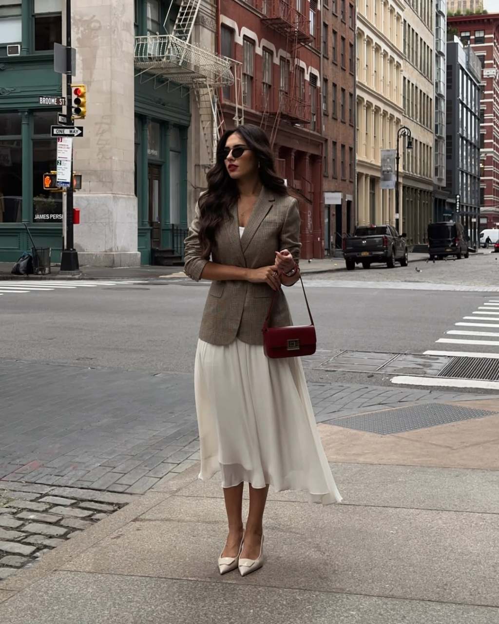 Brown Tweed Blazer Over Cream Chiffon Midi Dress Brown Tweed Blazer Over Cream Chiffon Midi Dress — Trendy Old Money Outfits