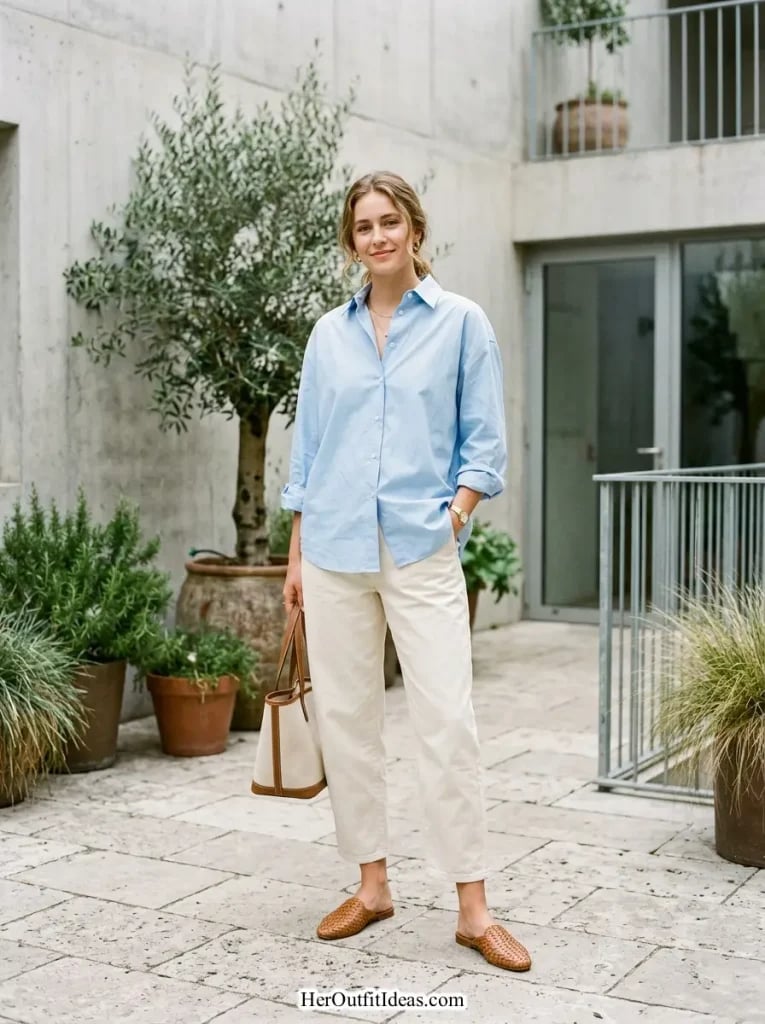 Light Blue Oversized Shirt with Cream Wide-Leg Trousers Light Blue Oversized Shirt with Cream Wide-Leg Trousers — Trendy Old Money Outfits
