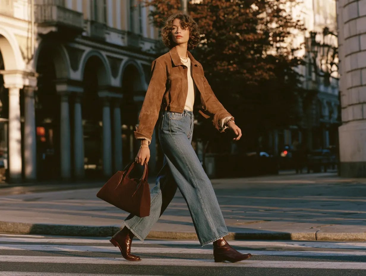 Cropped Brown Suede Jacket with Wide-Leg Jeans Cropped Brown Suede Jacket with Wide-Leg Jeans — Trendy Old Money Outfits