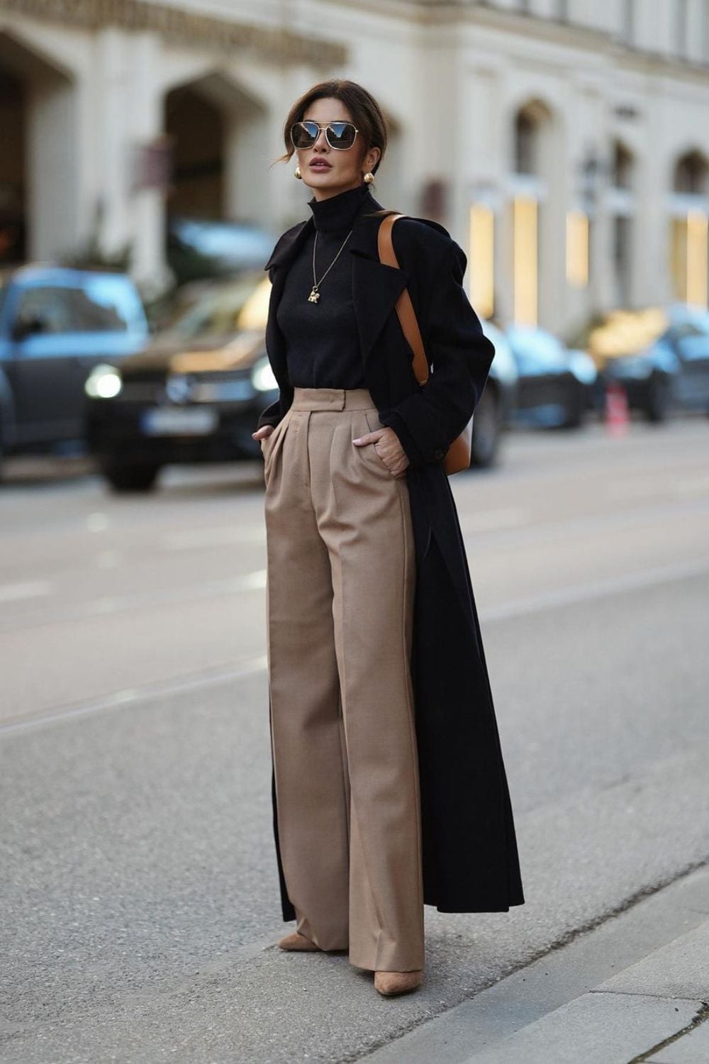 Camel Wide-Leg Trousers with Black Turtleneck and Coat Camel Wide-Leg Trousers with Black Turtleneck and Coat — Trendy Old Money Outfits