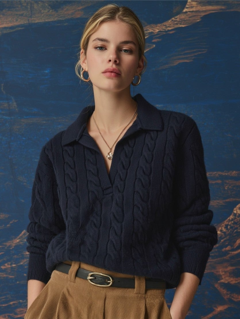 Navy Cable Knit Polo Sweater with Tan Trousers Navy Cable Knit Polo Sweater with Tan Trousers — Trendy Old Money Outfits