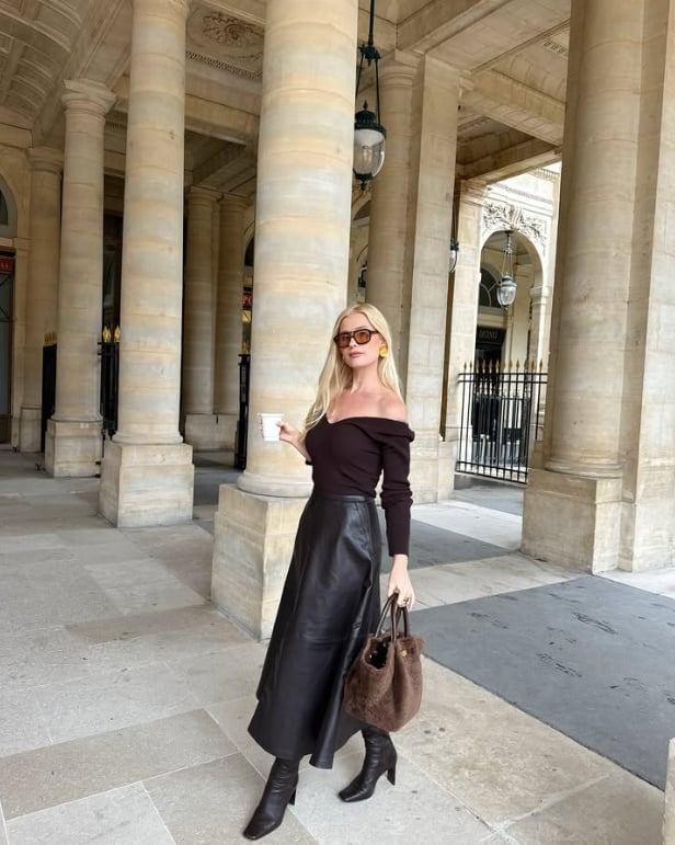 Dark Brown Off-The-Shoulder Top with Black, Office-Safe Version Dark Brown Off-The-Shoulder Top with Black, Office-Safe Version — Trendy Old Money Outfits