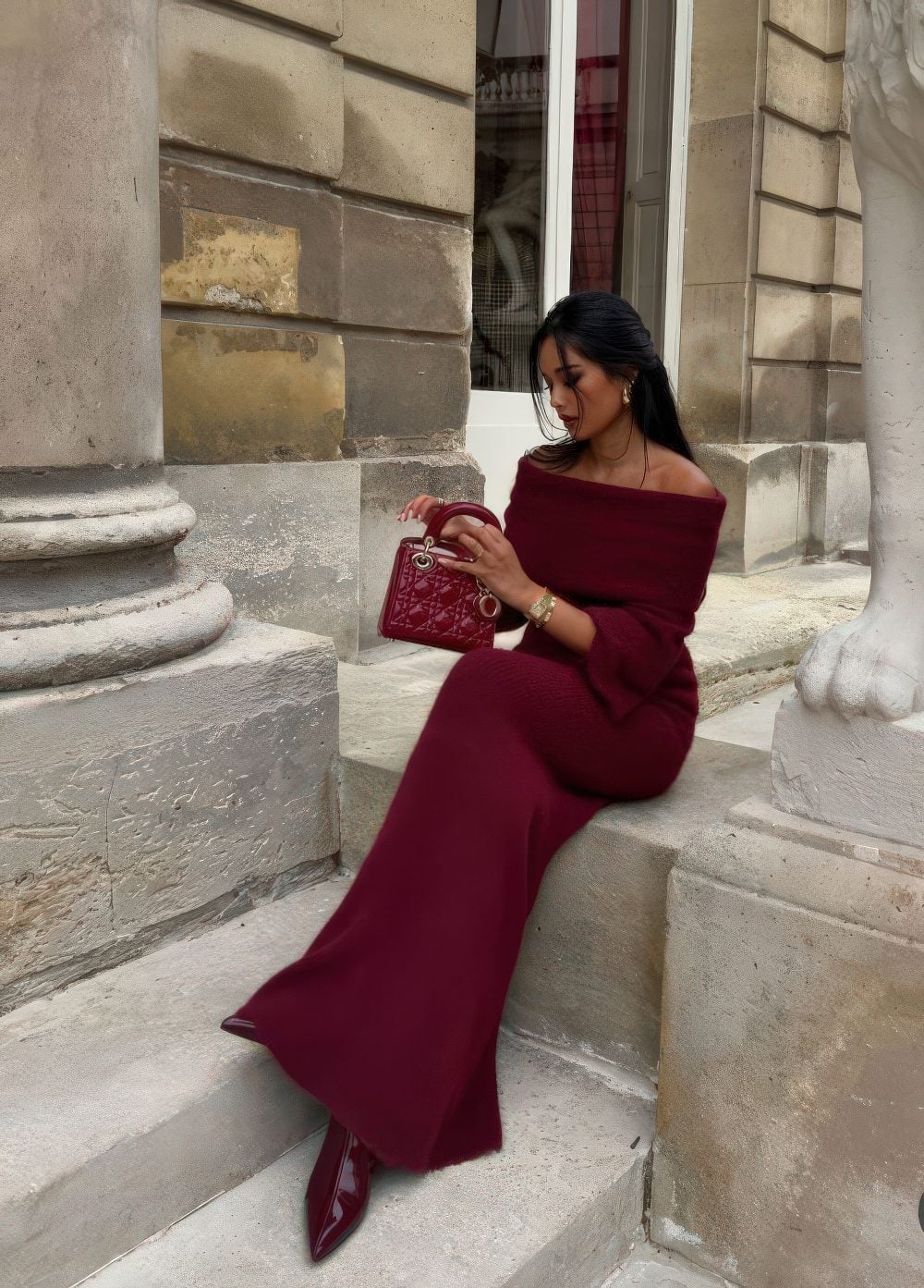 Burgundy Off-The-Shoulder Knit Dress for Evenings, Office-Safe Version Burgundy Off-The-Shoulder Knit Dress for Evenings, Office-Safe Version — Trendy Old Money Outfits