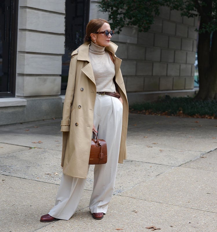 Beige Trench Coat Over Cream Knitwear and Trousers Beige Trench Coat Over Cream Knitwear and Trousers — Trendy Old Money Outfits