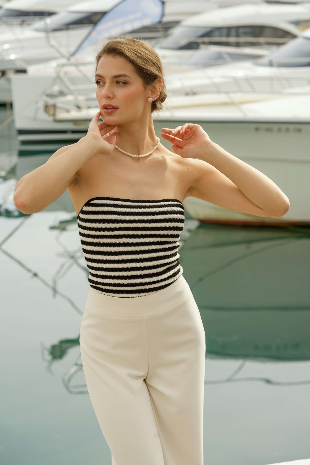 Striped Bandeau Top with Cream Wide-Leg Trousers Striped Bandeau Top with Cream Wide-Leg Trousers — Trendy Old Money Outfits