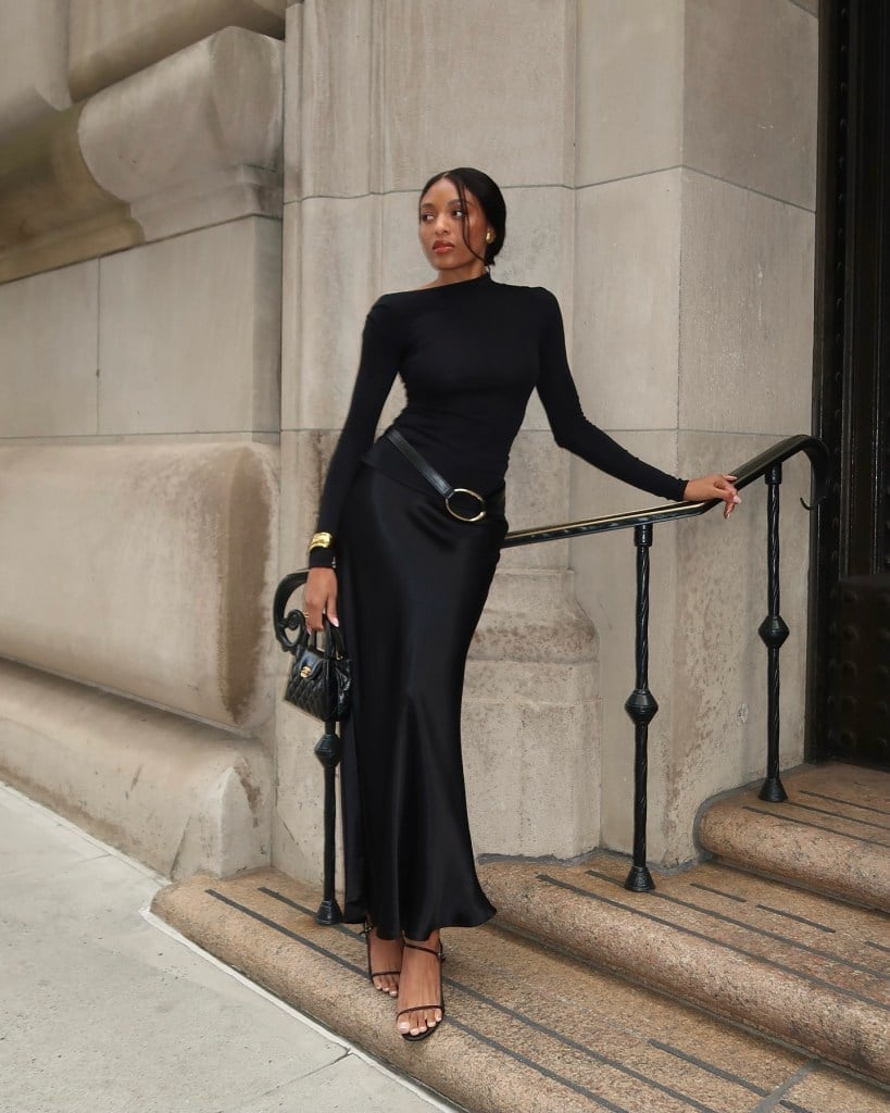Black Satin Slip Skirt with Mock Neck Top Black Satin Slip Skirt with Mock Neck Top — Trendy Old Money Outfits