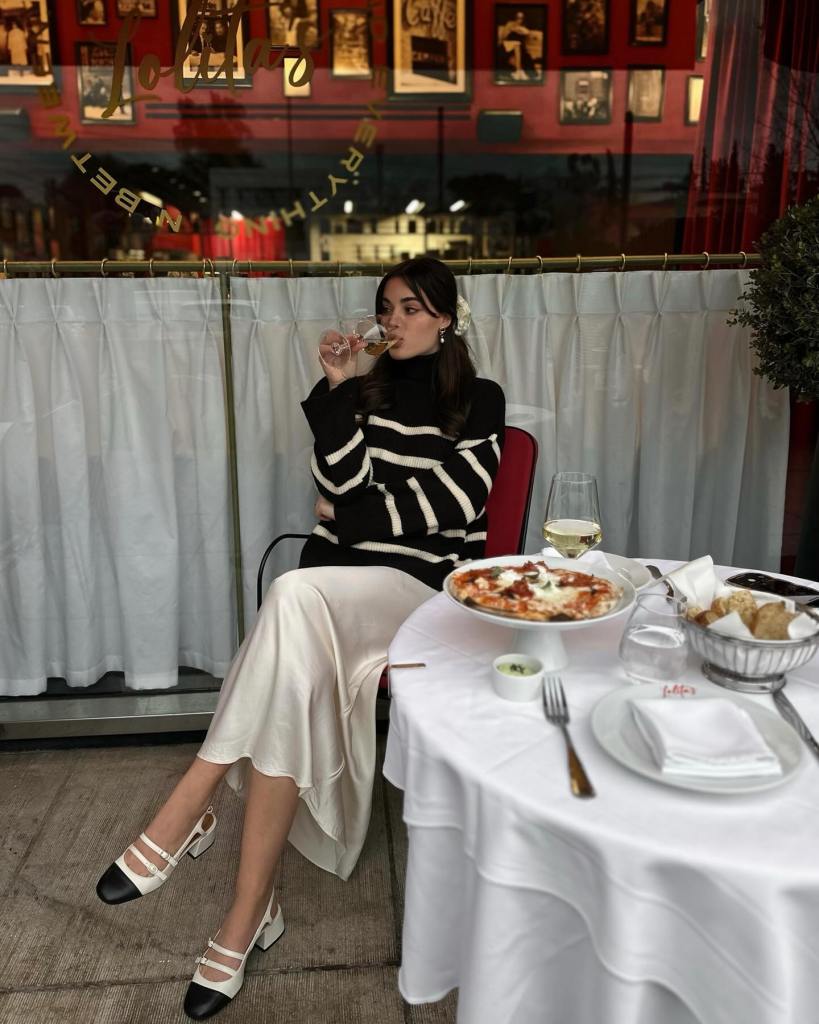 Striped Turtleneck with Cream Satin Midi Skirt Striped Turtleneck with Cream Satin Midi Skirt — Trendy Old Money Outfits