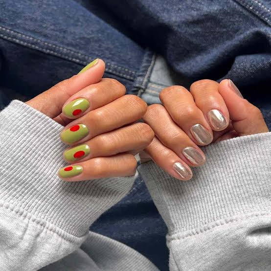 Olive Green Red Dot Short Soft Square Nails — Trendy Olive Green Nails