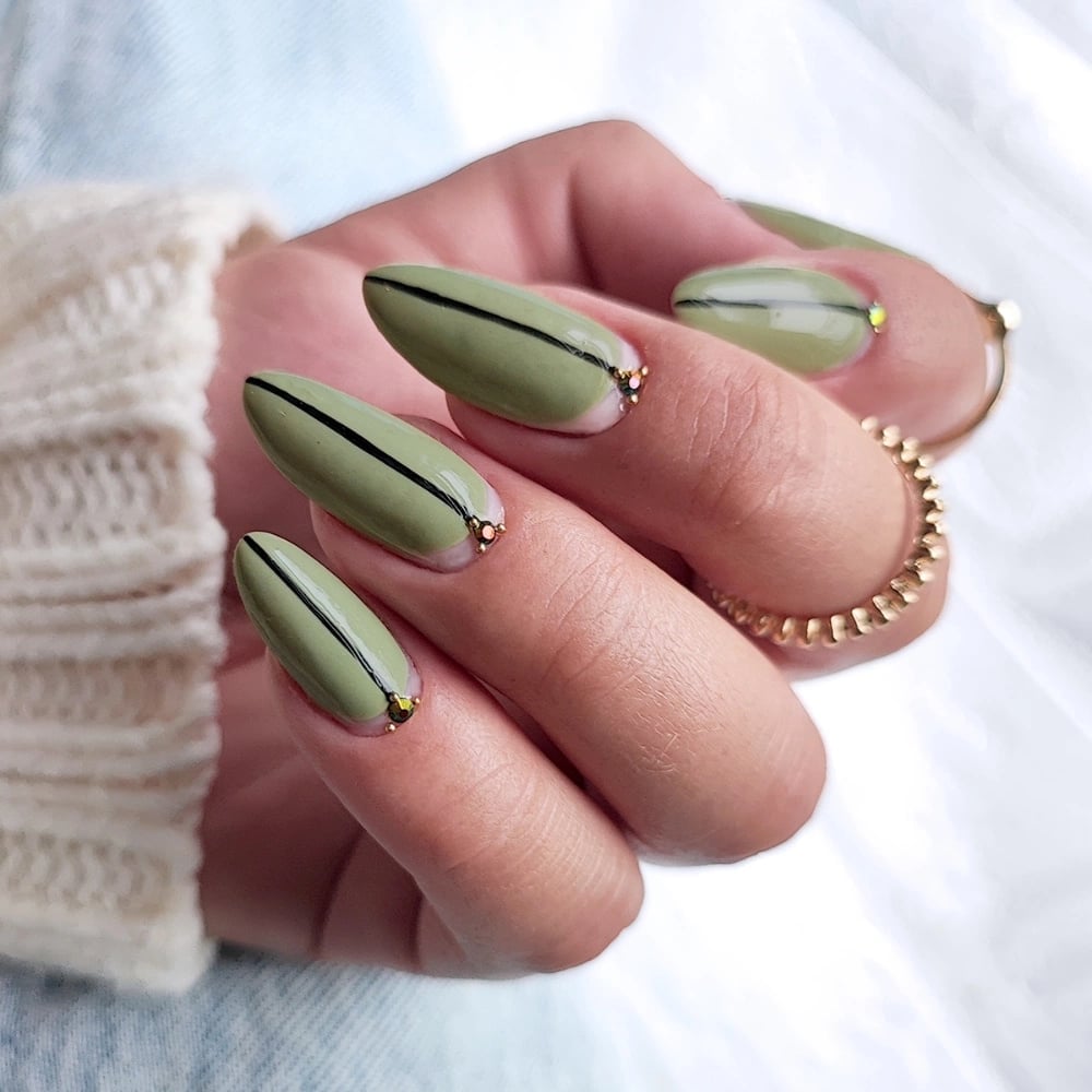 Olive Green Black Line Gold Stud Medium Almond Nails — Trendy Olive Green Nails