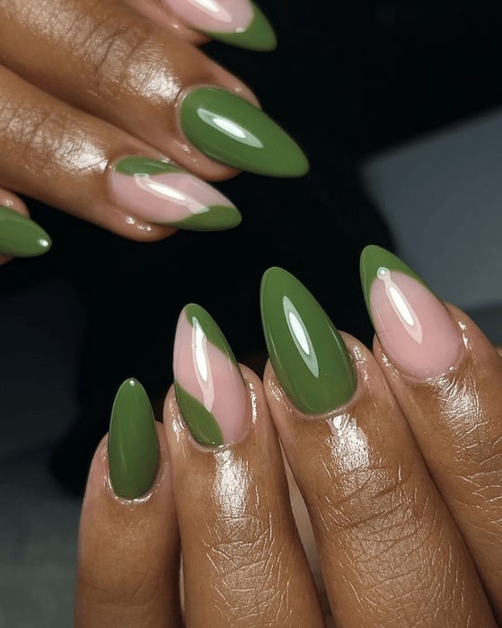 Olive Green Pink Nude Abstract French Medium Almond Nails — Trendy Olive Green Nails
