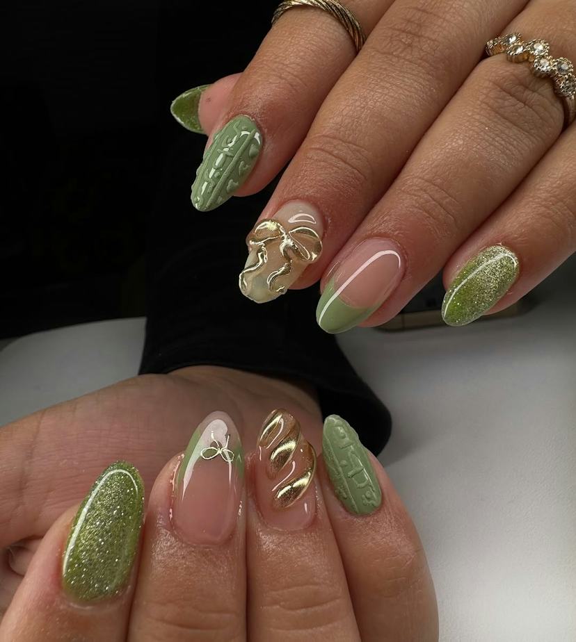 Mixed Finish Olive Green Textured Almond Nails — Trendy Olive Green Nails