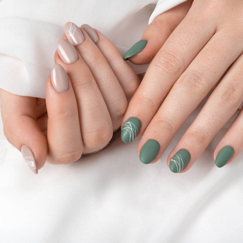 Olive Green Nude Beige Matte White Line Short Oval Nails — Trendy Olive Green Nails