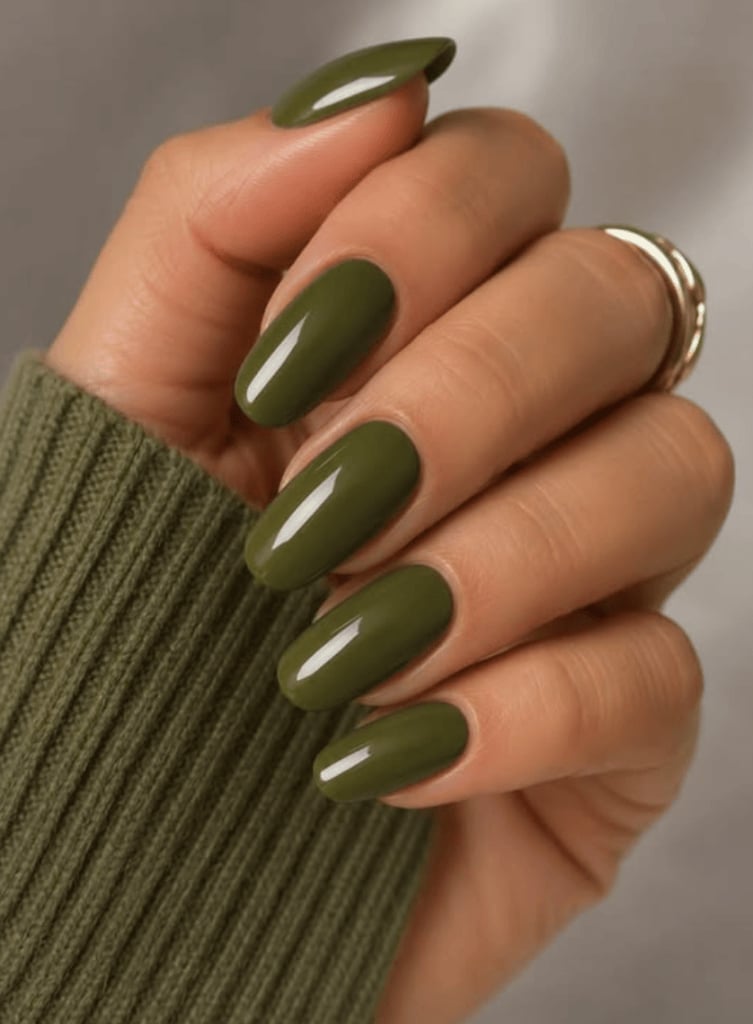 Rich Olive Green Glossy Medium Oval Nails — Trendy Olive Green Nails