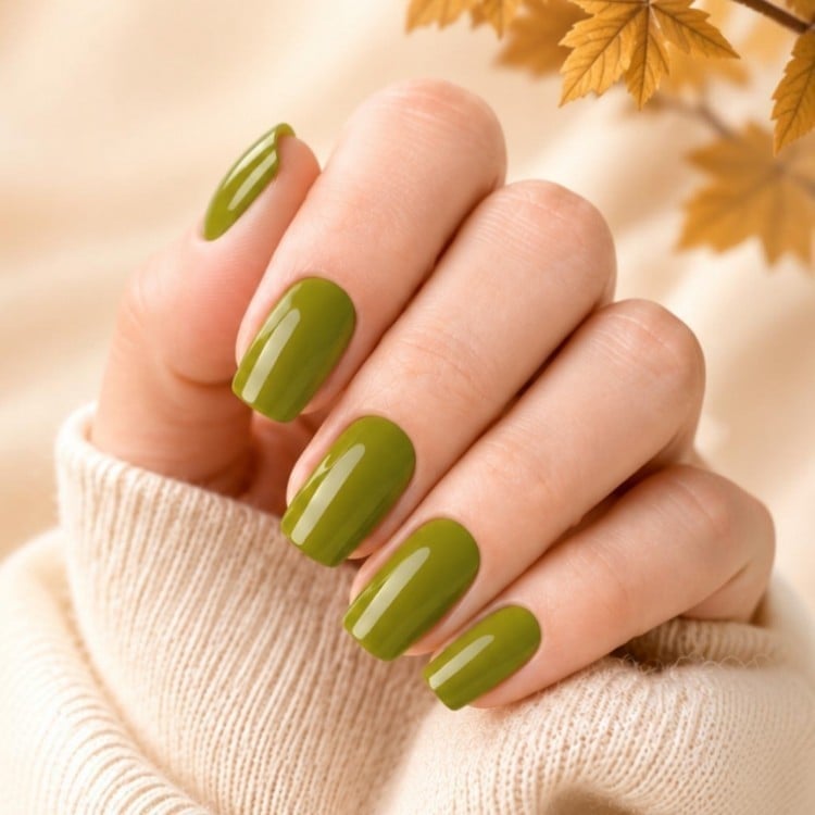 Solid Glossy Olive Green Short Square Nails — Trendy Olive Green Nails