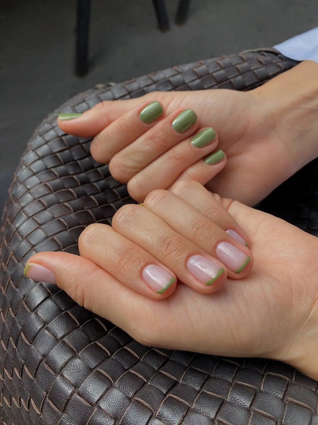 Olive Green Pale Nude Checkerboard Short Square Nails — Trendy Olive Green Nails