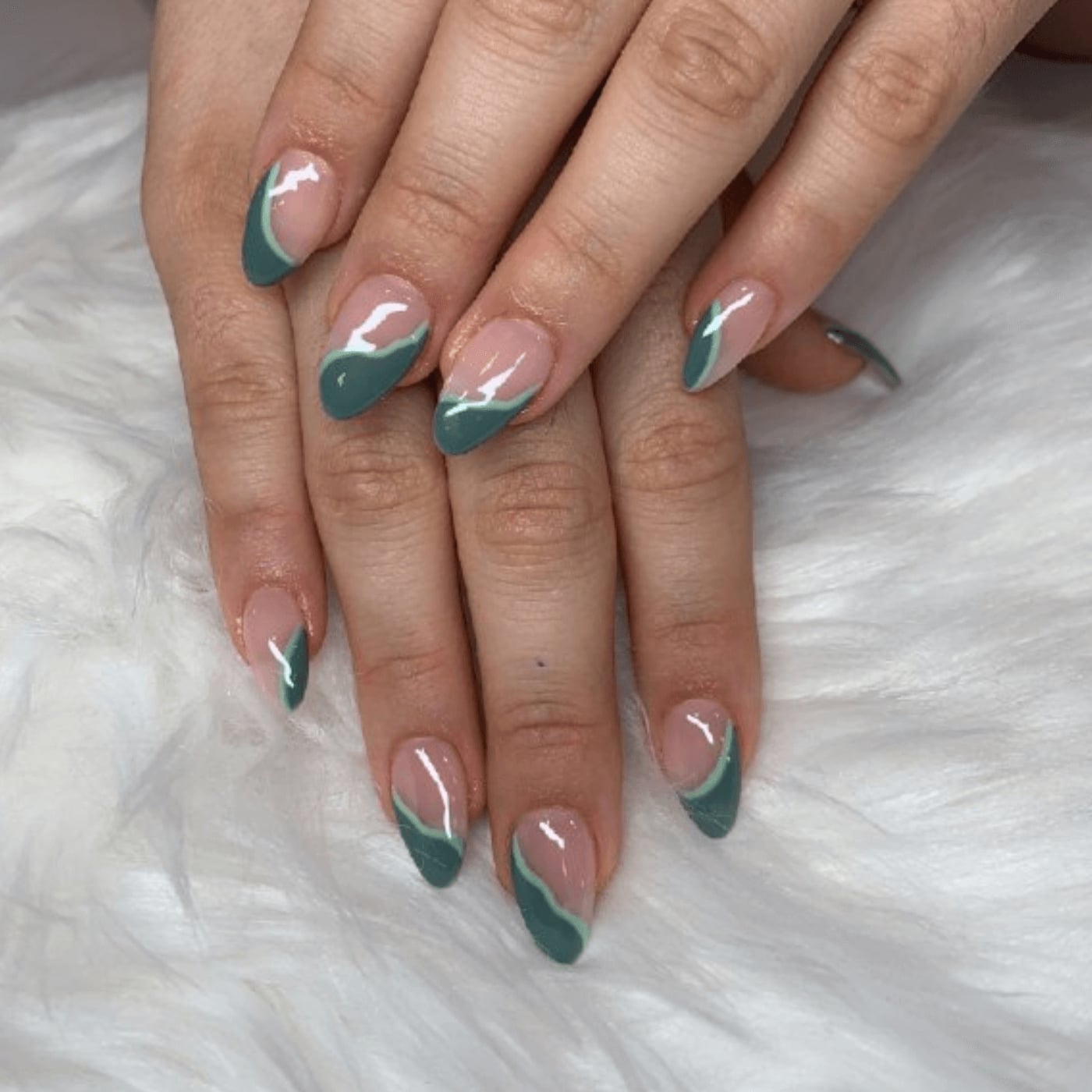 Sheer Nude Olive Green Abstract Tip Medium Almond Nails — Trendy Olive Green Nails