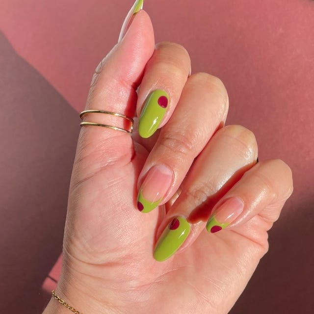 Vibrant Olive Green Red Dot Short Oval Nails, Glossy — Trendy Olive Green Nails