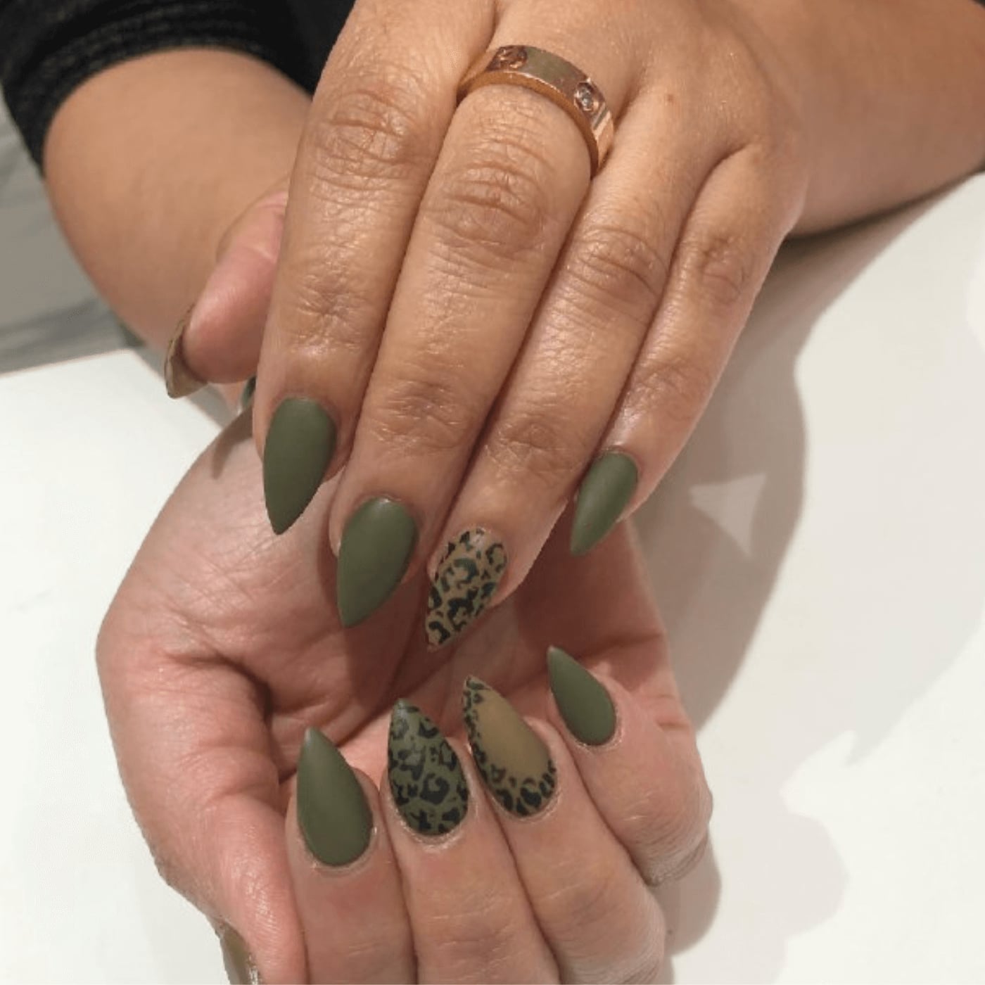 Matte Olive Green Leopard Print Long Stiletto Nails — Trendy Olive Green Nails