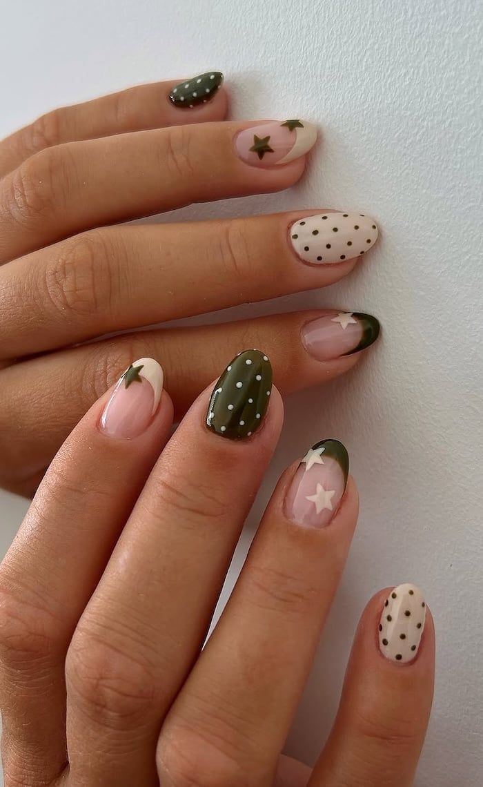 Olive Green French Tip White Polka Dot Star Nails — Trendy Olive Green Nails