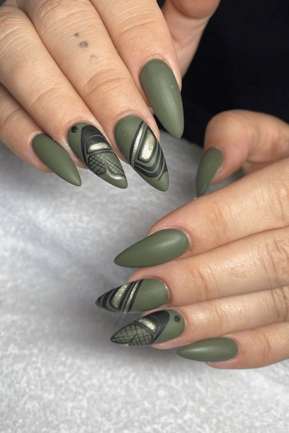 Matte Olive Green Gold Black Geometric Long Stiletto Nails — Trendy Olive Green Nails