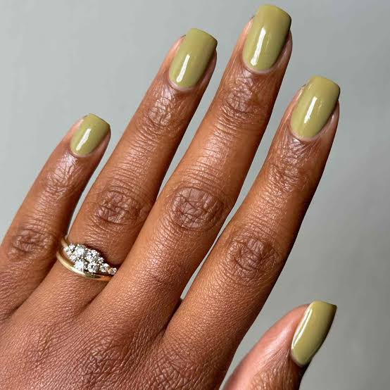 Opaque Olive Green Glossy Medium Square Nails — Trendy Olive Green Nails