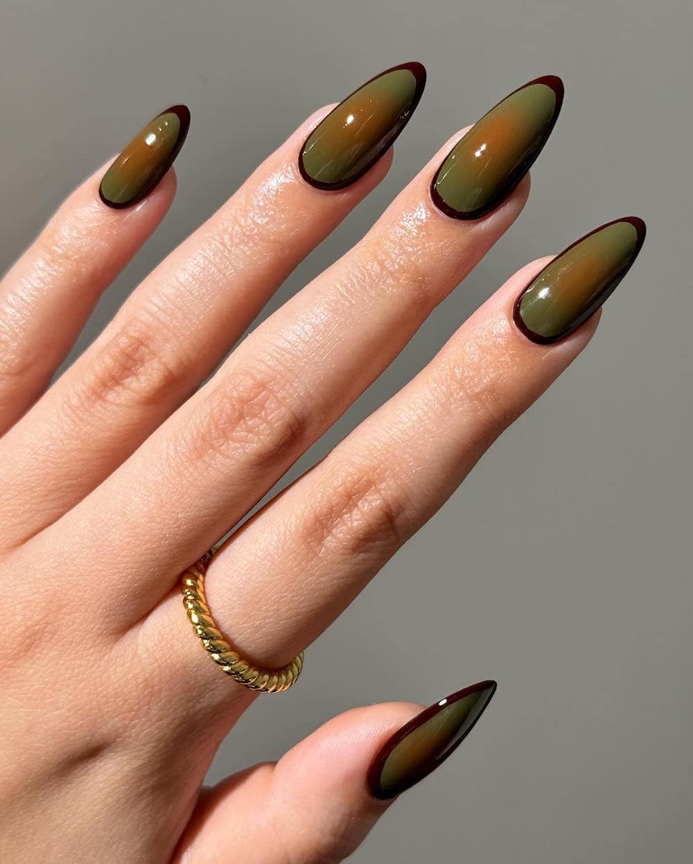 Olive Green Orange Brown Ombre Almond Nails — Trendy Olive Green Nails