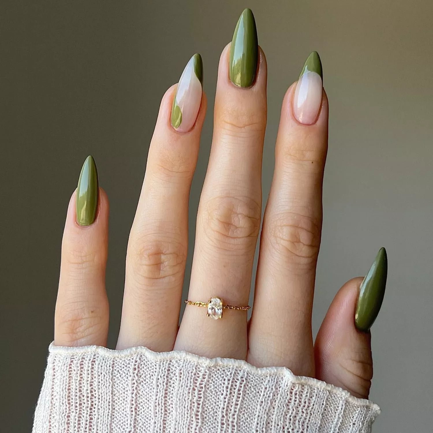 Olive Green Abstract Geometric Stiletto Nails — Trendy Olive Green Nails