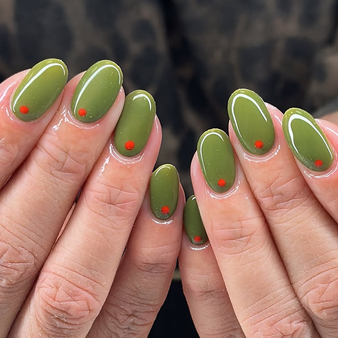 Olive Green Red Dot Short Oval Nails — Trendy Olive Green Nails