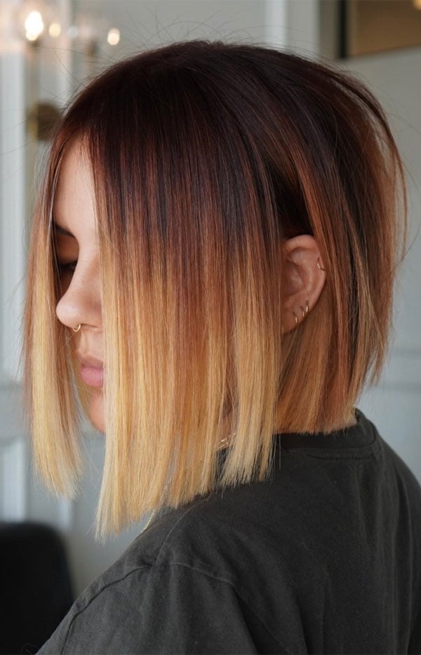 Chin Bob Dark Brown To Blonde Ombre With Blunt Bangs Chin Bob Dark Brown To Blonde Ombre With Blunt Bangs — Trendy Ombre Hair Color