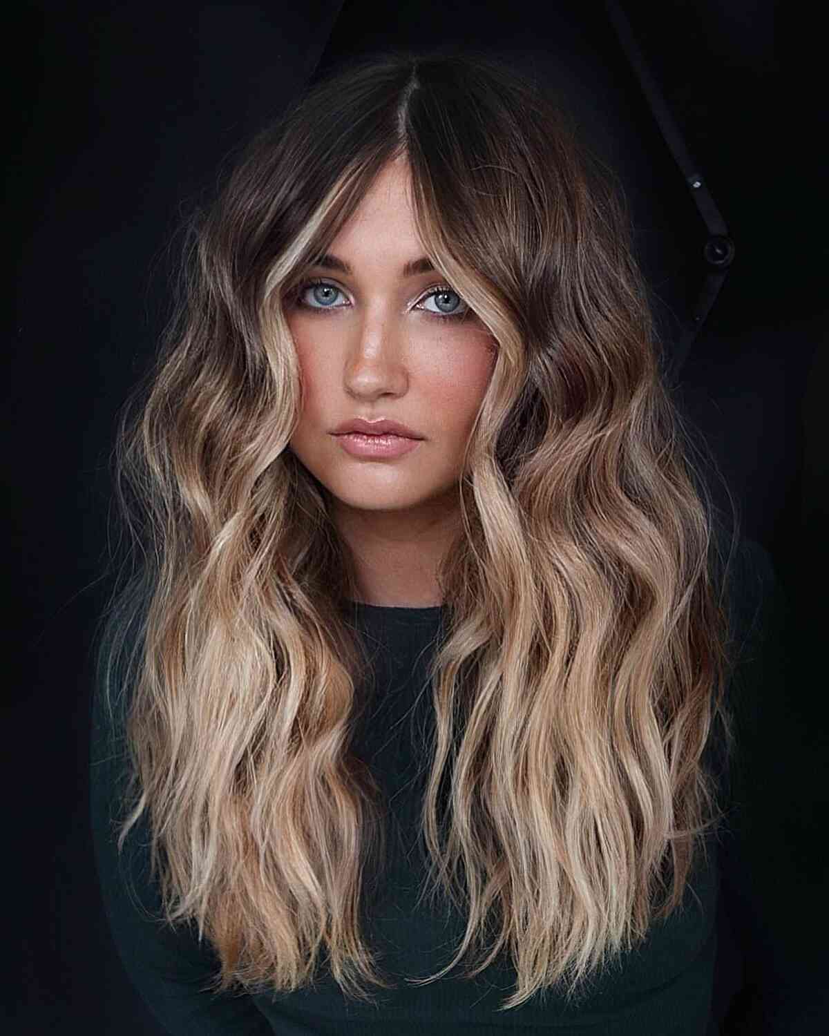 Mid-Back Layers Dark Brown To Caramel Blonde Waves, Close-Up Take Mid-Back Layers Dark Brown To Caramel Blonde Waves, Close-Up Take — Trendy Ombre Hair Color