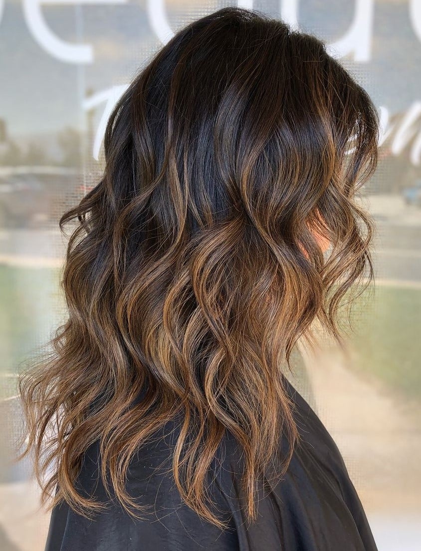 Mid-Back Layers Dark Brown To Warm Blonde Ombre With Glossy Waves Mid-Back Layers Dark Brown To Warm Blonde Ombre With Glossy Waves — Trendy Ombre Hair Color