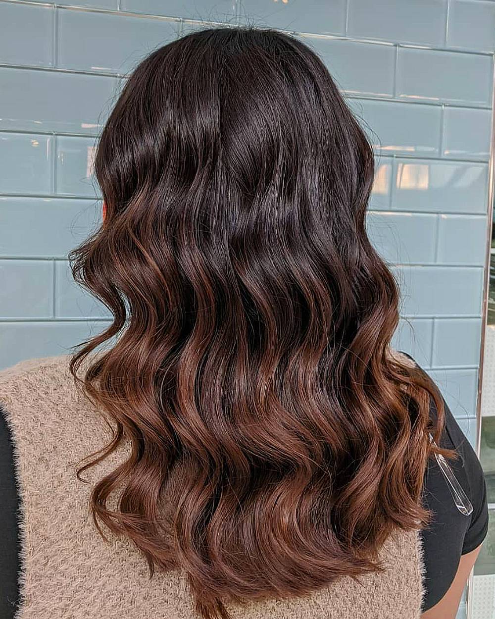 Mid-Back Layers Dark Brown To Warm Brown Ombre, Everyday Version Mid-Back Layers Dark Brown To Warm Brown Ombre, Everyday Version — Trendy Ombre Hair Color